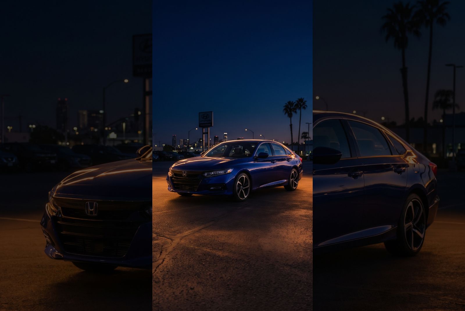Automotive dealership lot at dusk with warm rim lighting