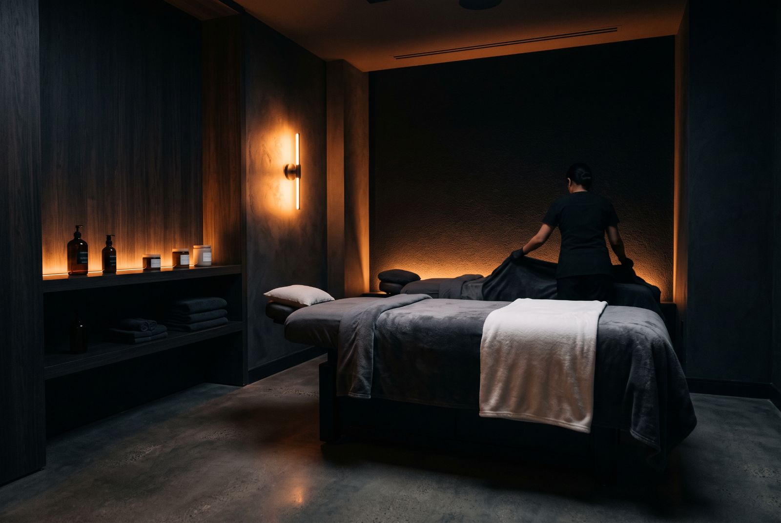 Minimalist medical spa treatment room with warm accent lighting